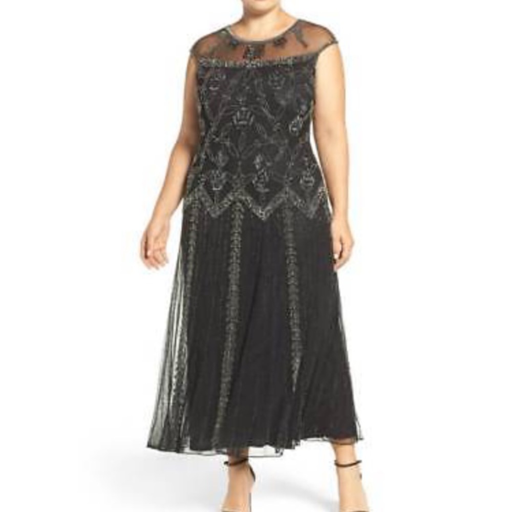 Pisarro Nights Beaded Illusion Neck Mesh Maxi Gown